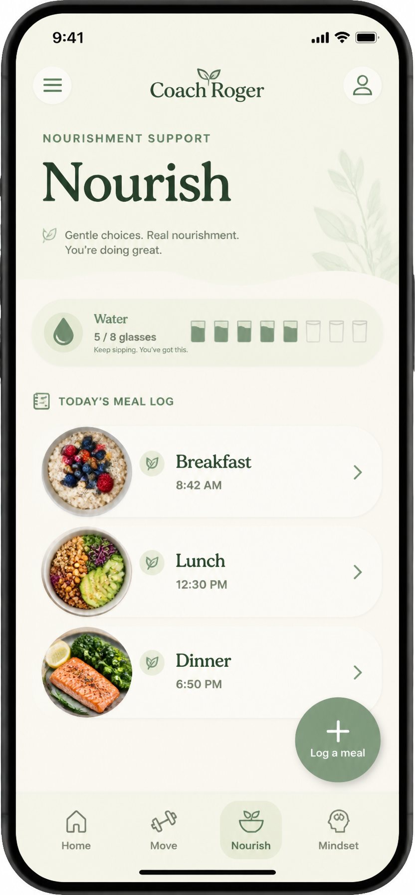 Nourish screen — meal logging